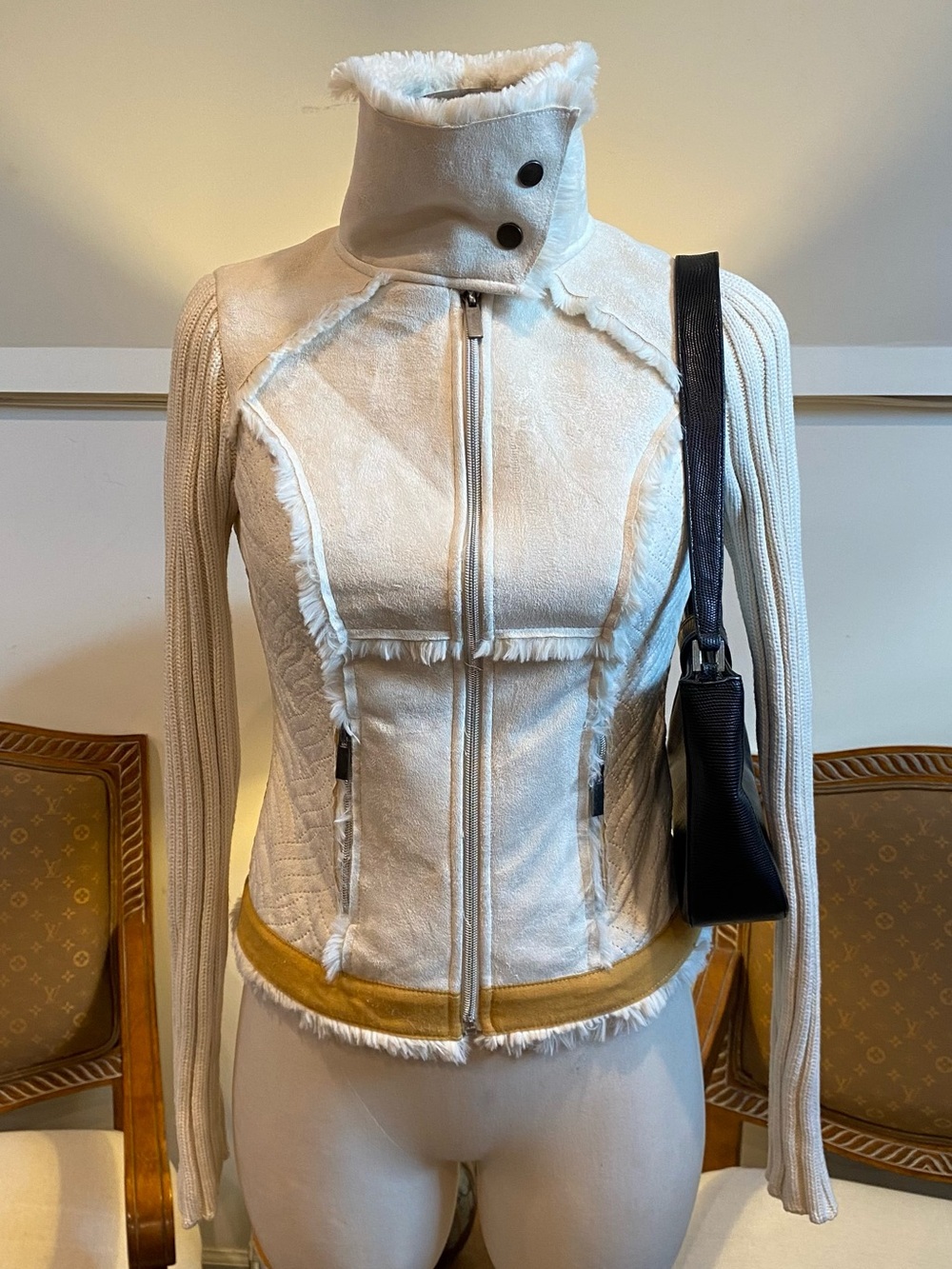 Vintage Y2K Arden B Faux Fur Suede Moto Jacket SM Bodycon Zip Up Downtown Girl